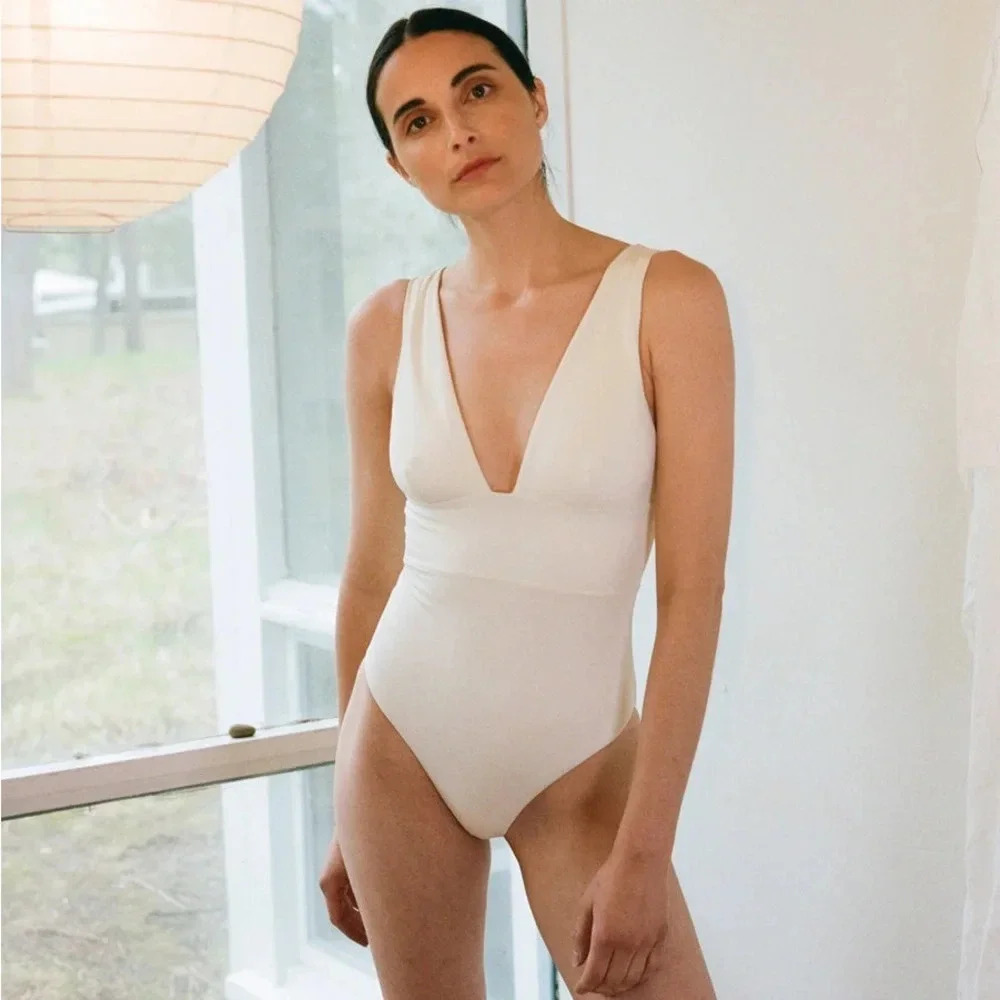 Lokiki Georgia Plunge One Piece Swimsuit in Ivory , Size M